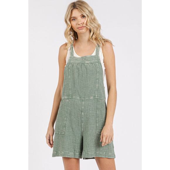 Mittoshop Textured Knotted Wide Strap Pockets Mineral Wash Overalls | Sage - Picture 3 of 5